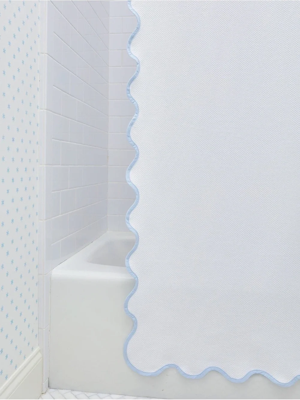Weezie Scallop Shower Curtain White Light Blue Trim Portugal 70.5x70.5
